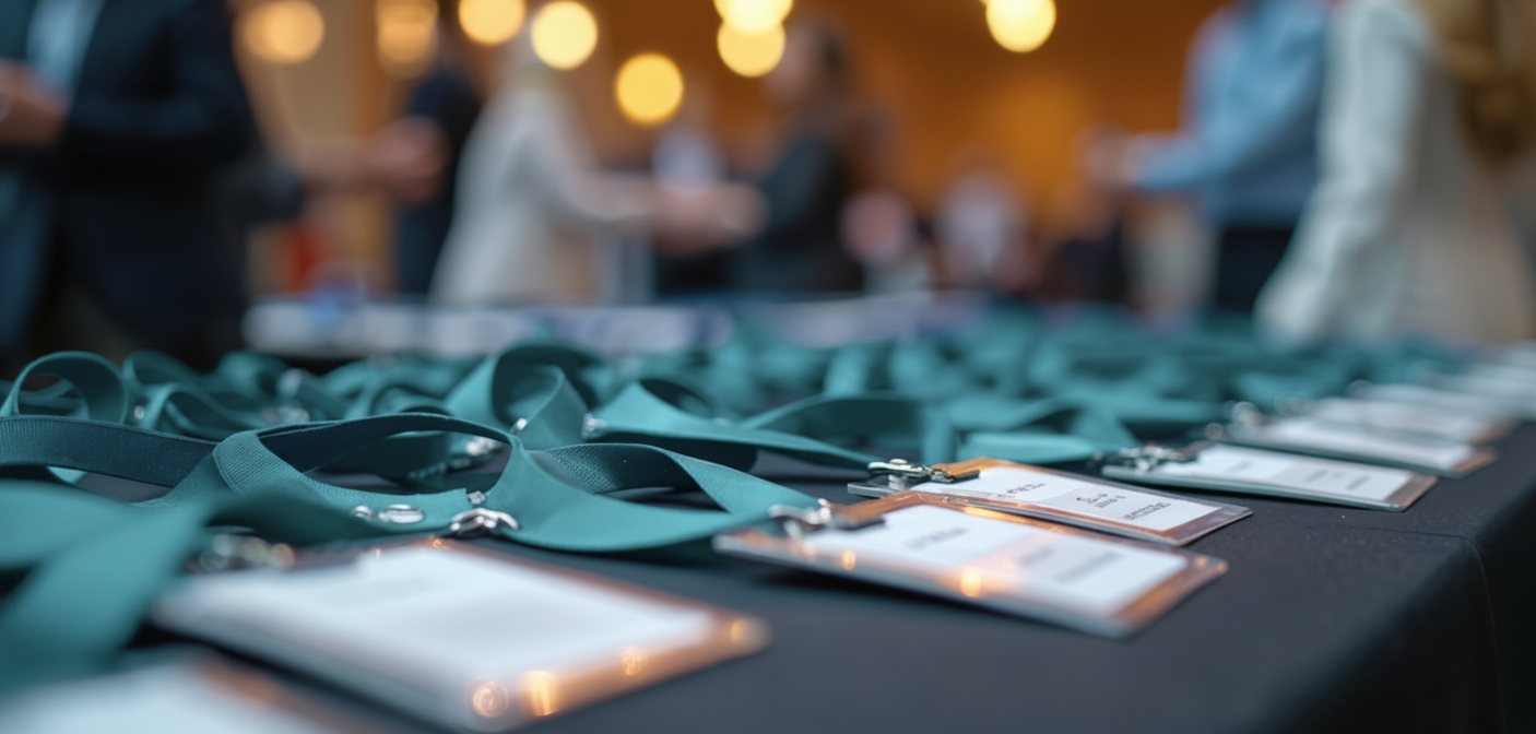 Rows of teal lanyards and name badges laid out on a registration table as attendees mingle in the background.
