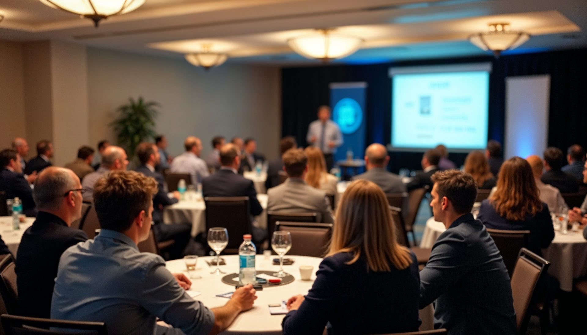 Attendees seated at round tables watching a speaker present at a conference session.